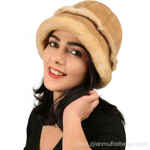 Warmly sheepskin wool hats genuine leather for women